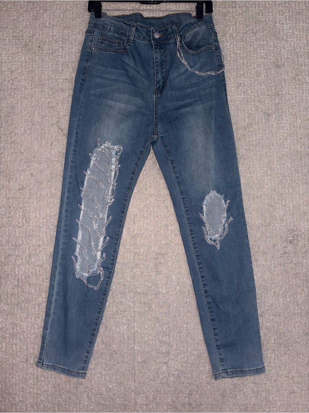 SHEIN Blue Skinny Jeans with Distressed with Sparkly Chain Trim